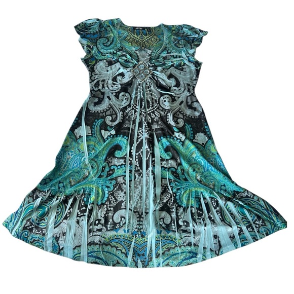Y2K Green Paisley Butterfly Fairy Flutter Dress Sz P Small Beaded V-neck APT 9 - Picture 3 of 12